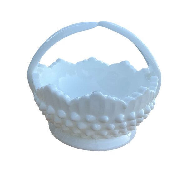 Vtg Fenton Basket Hobnail Milk Glass Oval Double Ribbed Handle Dish Cottagecore - Picture 2 of 7